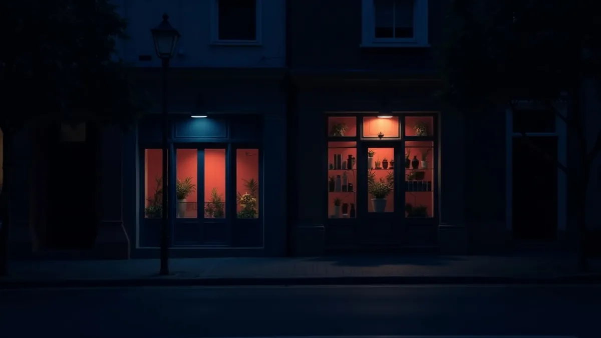 Deux vitrines voisines dans une rue sombre : l'une reste dans l'ombre bleue, l'autre rayonne d'une lumière corail chaleureuse