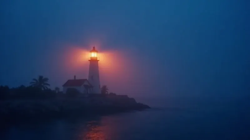 Phare côtier à l'heure bleue, son faisceau corail chaud balayant la brume au-dessus de l'eau sombre
