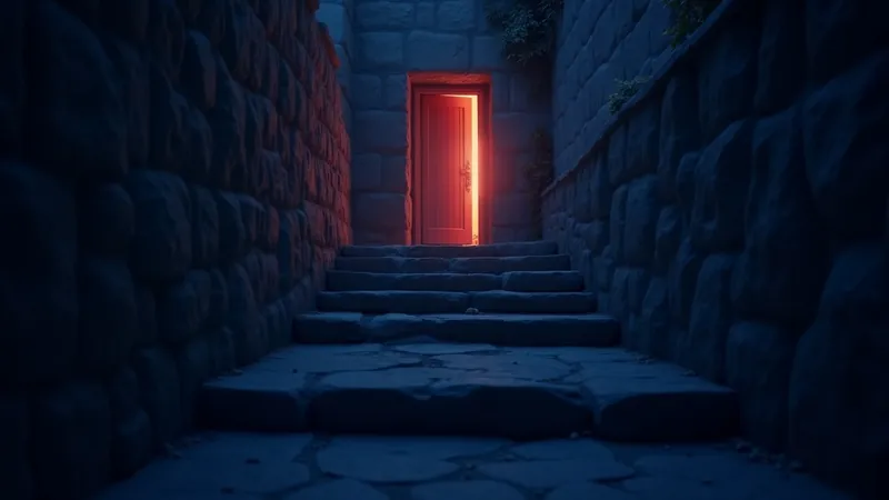 Escalier de pierre montant de l'ombre indigo vers une porte baignée de lumière corail chaude