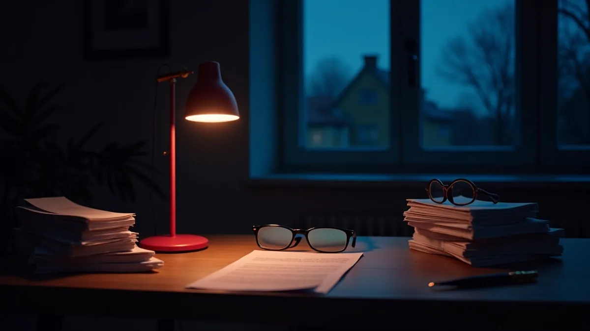 Bureau belge à l'heure bleue avec piles de contrats papier, petite balance en laiton et lunettes de lecture sous une lampe corail, mise aux normes d'un site web