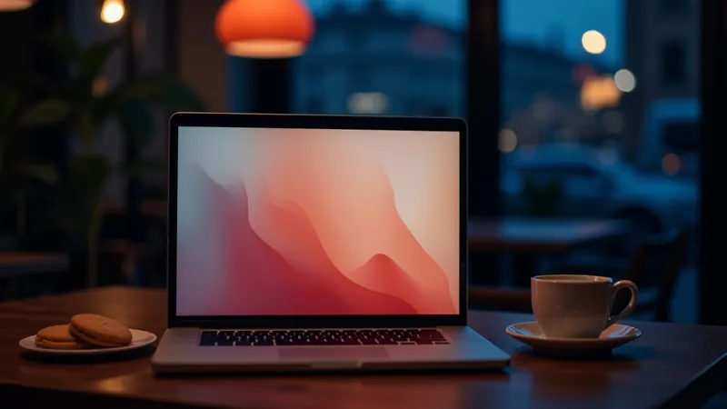 Ordinateur portable sur une table de café à côté d'une assiette de biscuits, écran aux blocs abstraits crème et corail, clin d'œil aux cookies d'un site web conforme