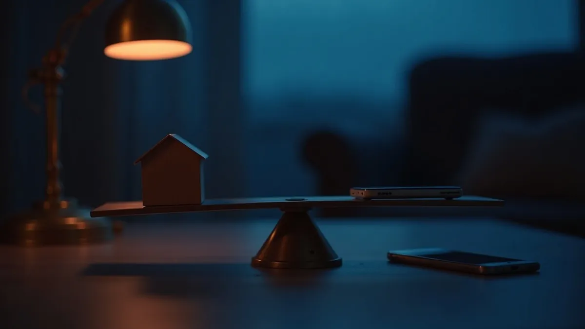 Balance en laiton sur un bureau, petite maison en bois sur un plateau et smartphone sur l'autre, lampe corail au crépuscule
