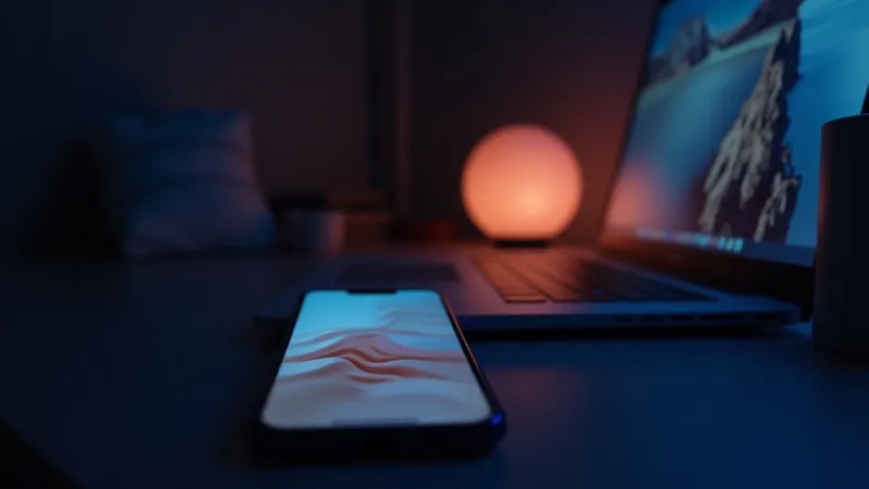 Smartphone et ordinateur portable côte à côte sur un bureau, écrans aux visuels épurés, lampe chaude entre les deux