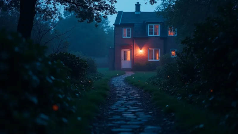 Chemin de jardin qui bifurque au crépuscule : une branche mène à une maison en briques aux fenêtres corail, l'autre se perd dans la brume indigo