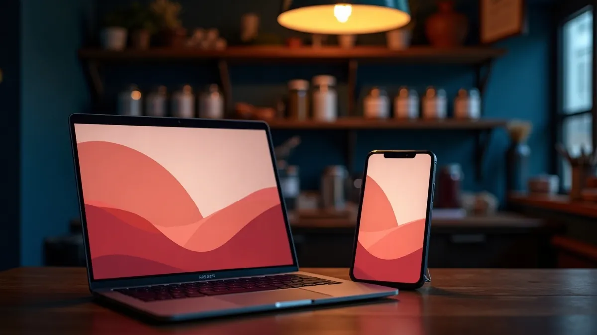 Comptoir en bois d'un commerce belge à l'heure bleue, ordinateur portable et smartphone face à face sous une suspension corail, site web ou réseaux sociaux