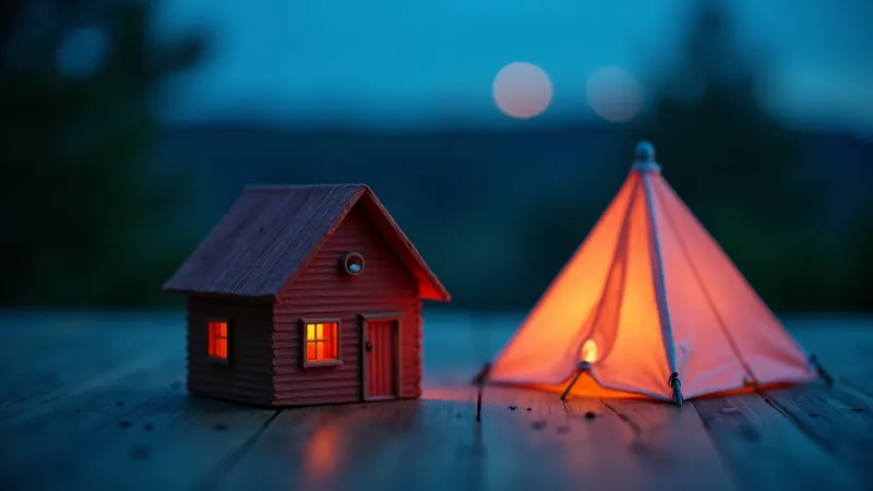 Petite maison en briques solide à côté d'une tente en papier fragile sur une table en bois, métaphore du site web propriétaire face aux plateformes sociales louées