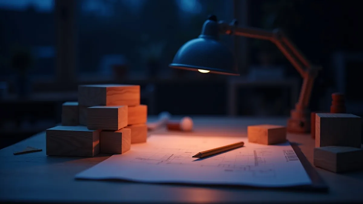 Table d'atelier partagée en deux : blocs modulaires préfabriqués d'un côté, feuille à dessin vierge avec règle et crayon de l'autre, lampe corail