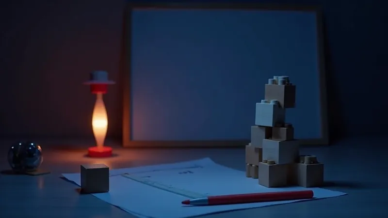 Blocs de construction modulaires à côté d'une planche à dessin d'architecte avec feuille vierge et règle, lampe corail