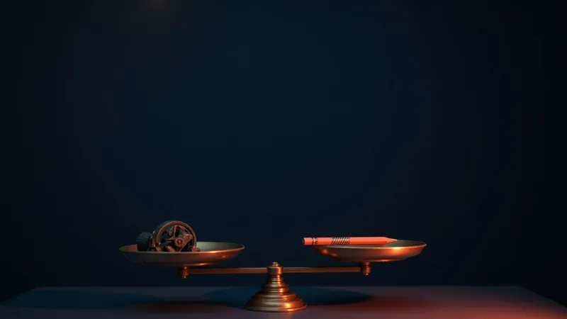 Balance en laiton avec un engrenage métallique sur un plateau et un crayon en bois sur l'autre, lampe corail sur un bureau sombre