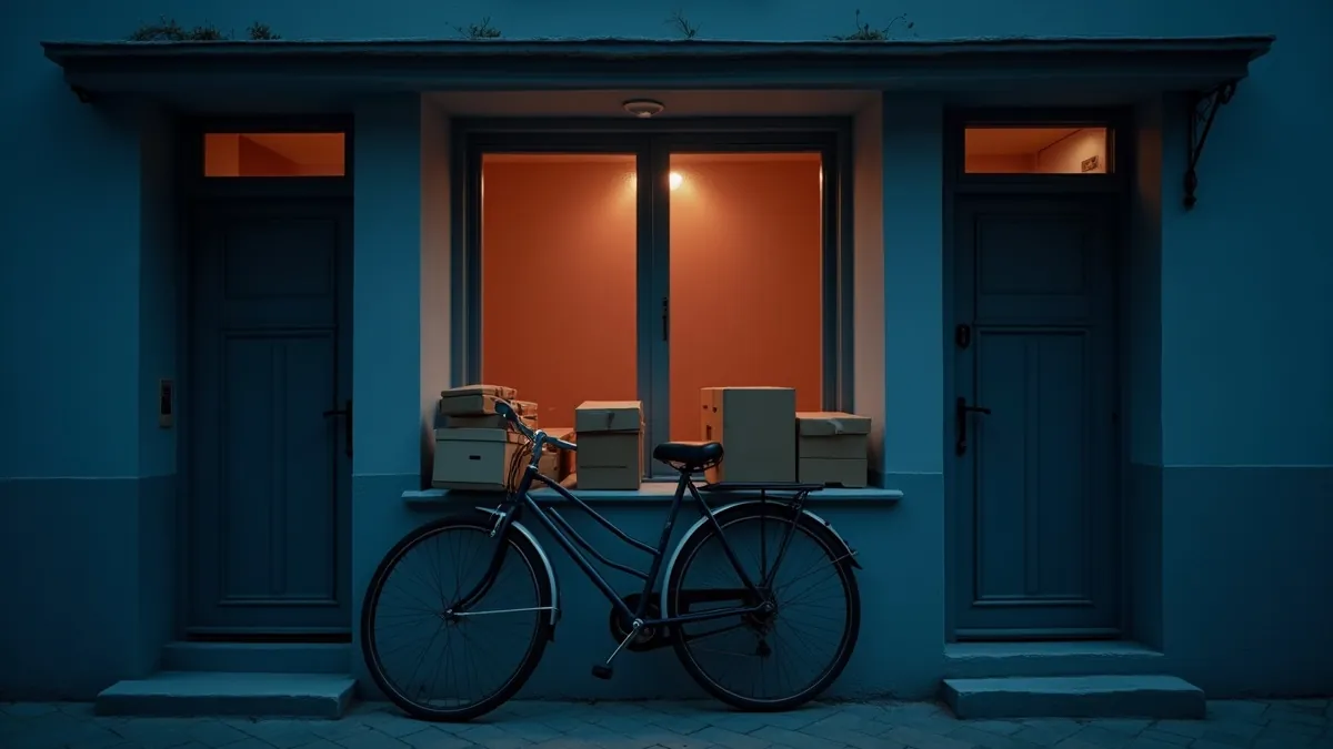 Vélo de livraison chargé de colis en kraft appuyé contre une petite boutique aux murs nus, lumière corail de la vitrine à l'heure bleue