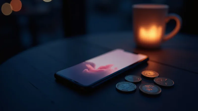 Smartphone posé sur une table de café avec quelques pièces en euros, forme corail douce à l'écran, lueur chaude