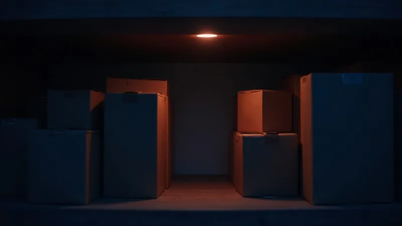 Colis en kraft alignés sur une étagère en bois menant vers une porte de réserve baignée de lumière corail