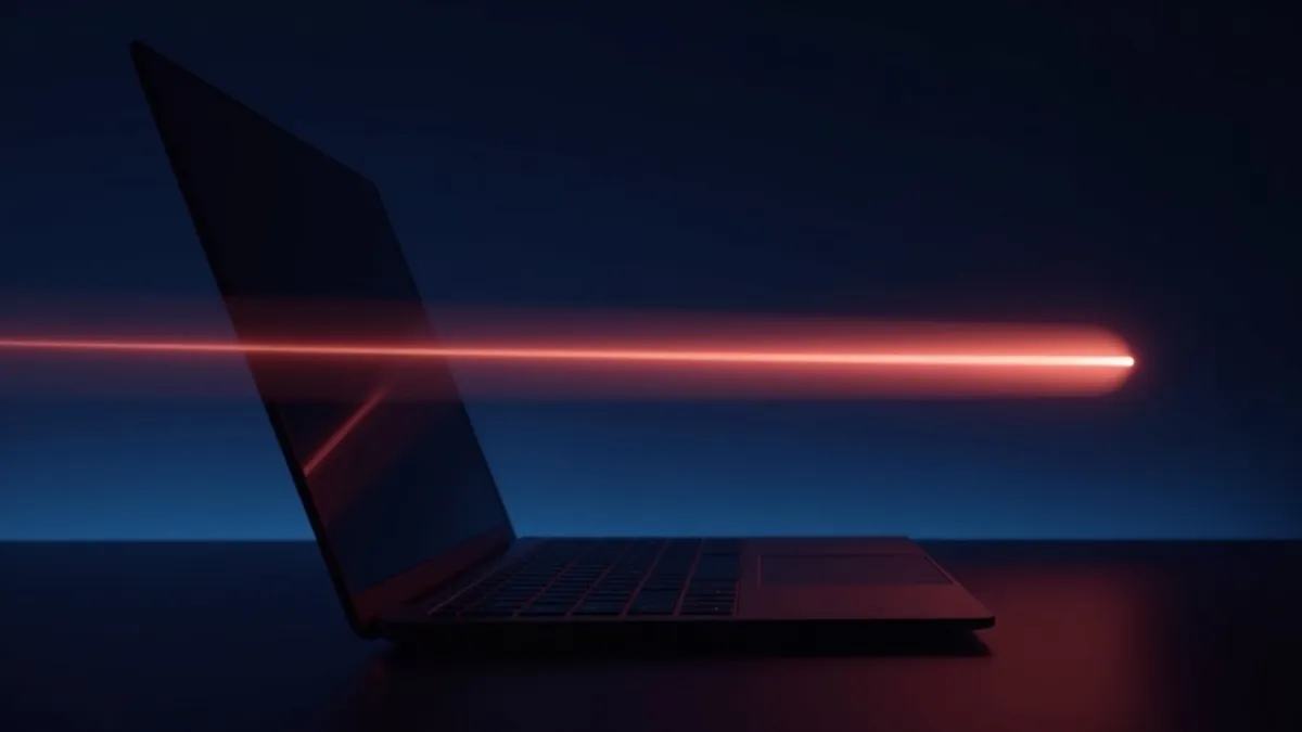 Ordinateur portable de profil sur un bureau sombre, traînée de lumière corail filant à travers le cadre, ambiance indigo