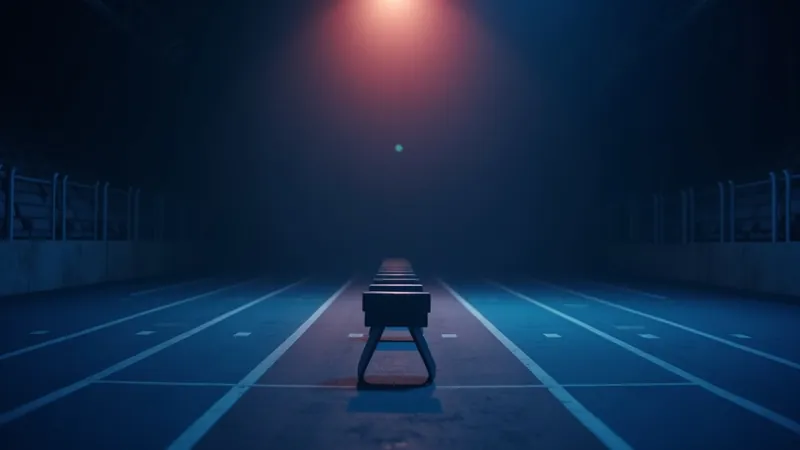 Starting-blocks sur une piste d'athlétisme intérieure éclairés par un unique projecteur corail dans l'obscurité indigo