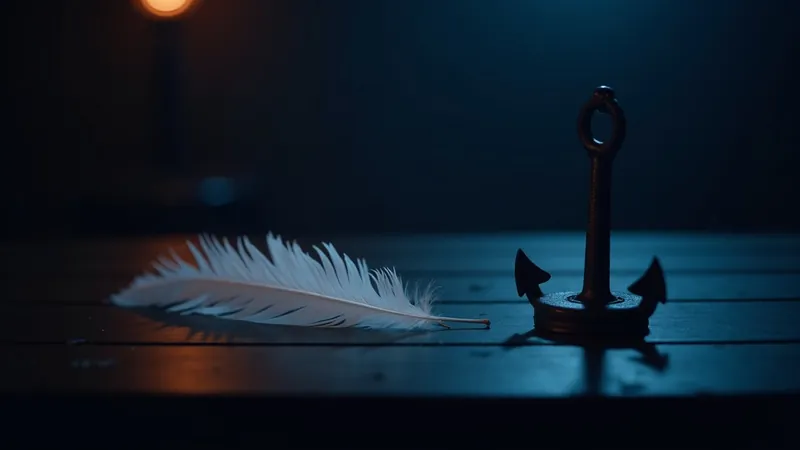 Plume blanche posée sur une table en bois sombre à côté d'une petite ancre en fer, lumière corail rasante