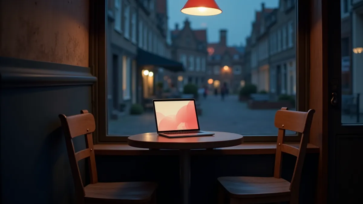 Twee stoelen aan een houten tafel bij het raam van een Vlaams-Brabants marktplein in het blauwe uur, laptop met abstracte crème lay-out en warme koraallamp