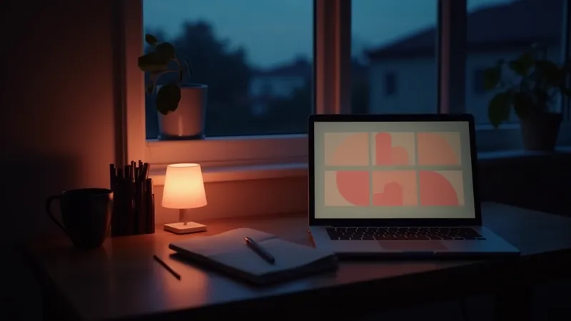 Houten bureau in de schemering met een opengeklapte laptop vol abstracte portfolioblokken in crème en koraal, notitieboek met pen ernaast