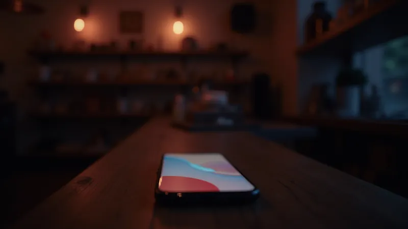 Smartphone met abstracte chatblokken in crème en koraal op een houten toonbank, warm verlicht winkelinterieur met schappen in het blauwe uur op de achtergrond