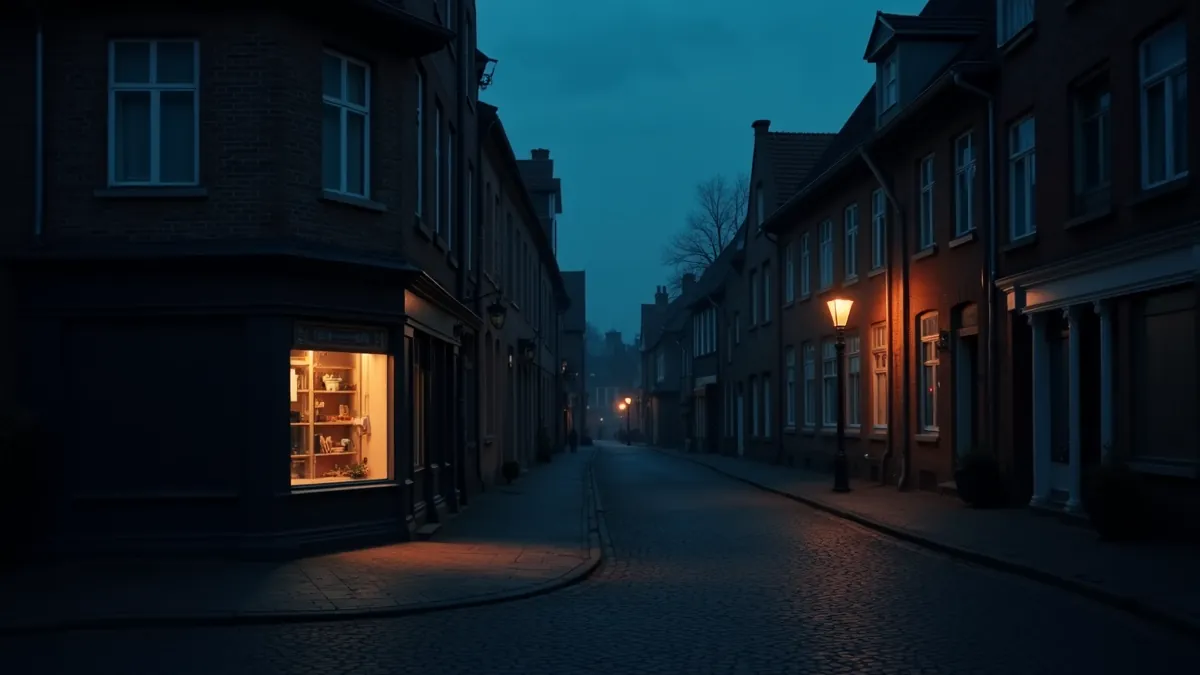 Vlaamse winkelstraat in het blauwe uur, één warm verlichte etalage tussen donkere gevels, straatlantaarn met warme gloed op de kasseien