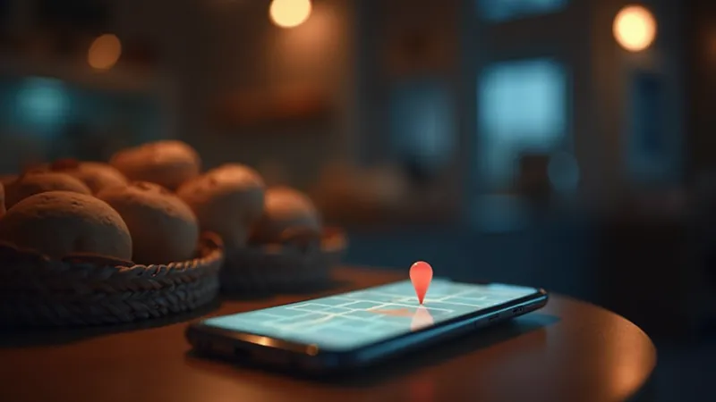 Houten toonbank met smartphone waarop abstracte kaartblokken met een koraalkleurige locatiespeld oplichten, warm verlichte bakkerij in het blauwe uur