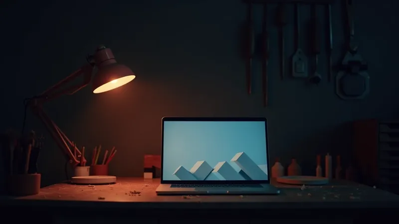 Werkplaats van een vakman in het blauwe uur met laptop waarop abstracte lichte blokken een stijgende lijn vormen, warme werklamp en gereedschap aan de wand